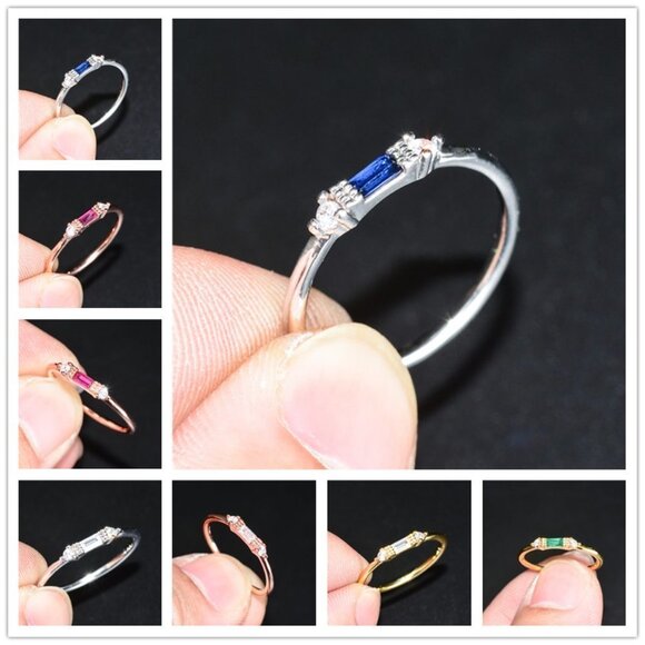 Silver Blue Chic Rectangle Round Gems Dainty Ring for Women, VIP182 - Picture 5 of 5